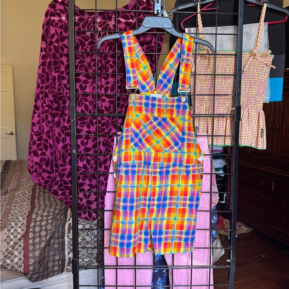 NWT WeWoreWhat Bright Multicolor Rainbow Pride Plaid Overalls